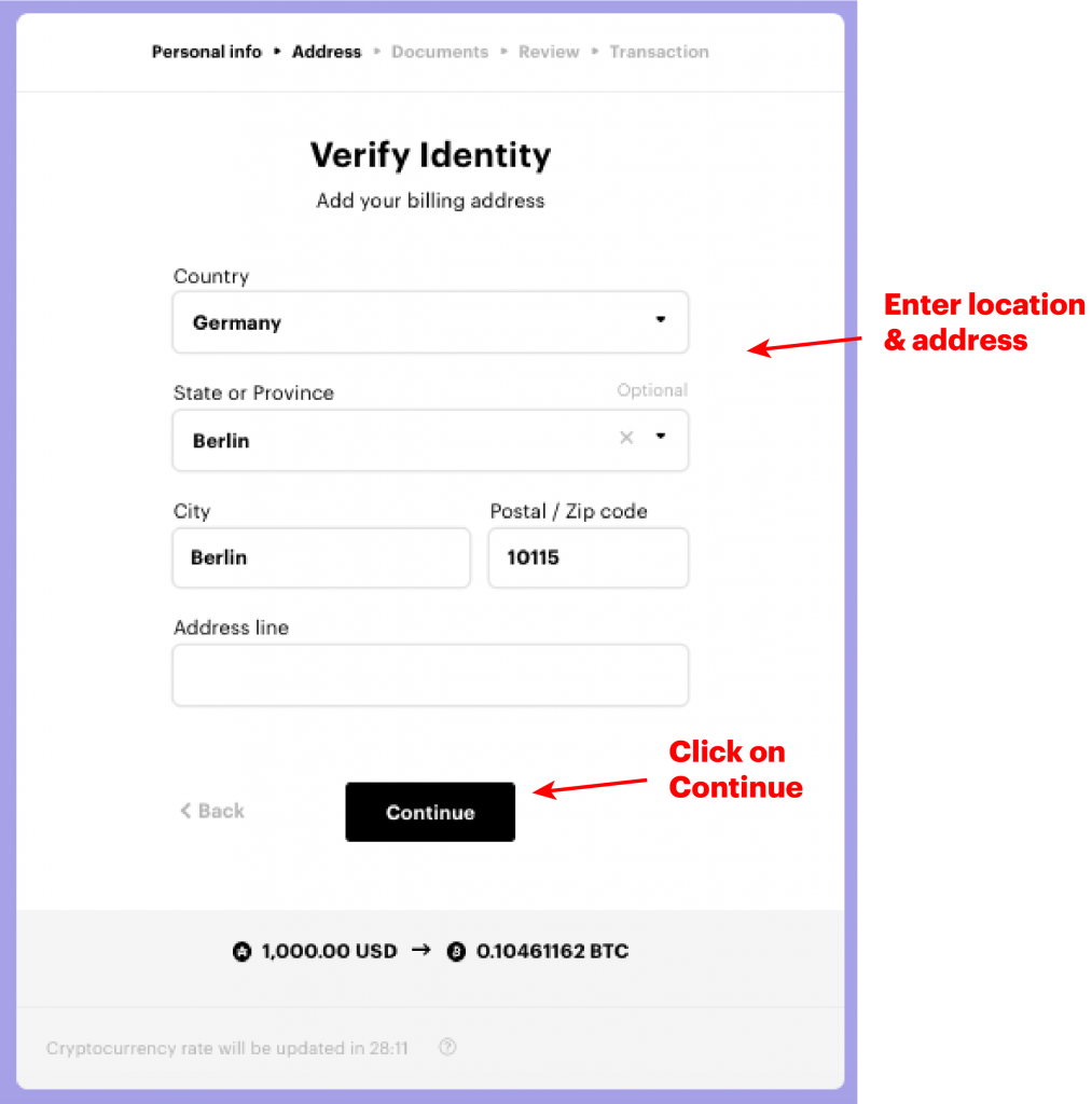 Location and address for ID verification on Paybis exchange