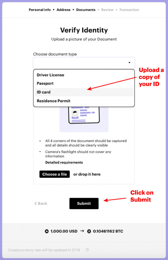 Upload ID verification on Paybis exchange
